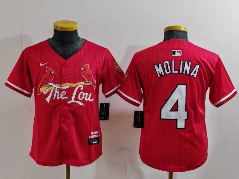 Youth St Louis Cardinals #4 Yadier Molina Red 2024 City Connect Stitched Baseball Jersey->mlb youth jerseys->MLB Jersey